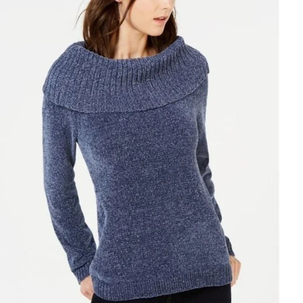 INC International Concepts Metallic Chenille Cowl Neck Sweater Blue XL NWT